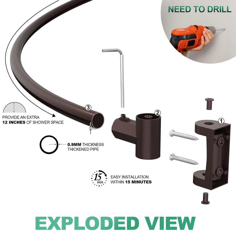PrettyHome Curved Shower Curtain Rod For Bathroom 38-72 Inches, Adjustable Length, Curved Shower Rod, Metal Rods&Brackets, Round Shower Curtain Rods, Rotate Bracket For Large Shower Space, Need Drilling, Bronze - Image 5